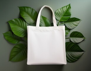 layout for the design of a simple white canvas shopping bag with green plant leaves