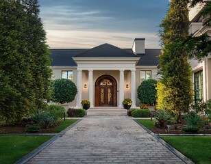grand entrance of an elegant residence with lush surroundings conveying timeless luxury and serene beauty