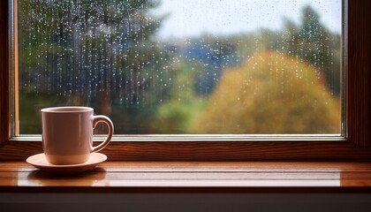 coffee mug sits on a wooden windowsill with raindrops visible outside during a rainy day