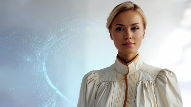 A poised blonde woman in a high collared, stylish white dress gazes thoughtfully, set before a blue digital interface. The image evokes innovation, grace, and forward thinking fashion