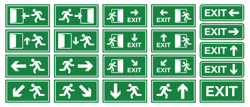 Collection of green emergency exit signs with running man symbols, arrows, and EXIT text, showing safe evacuation routes and directions. Ideal for fire safety systems, public buildings, offices