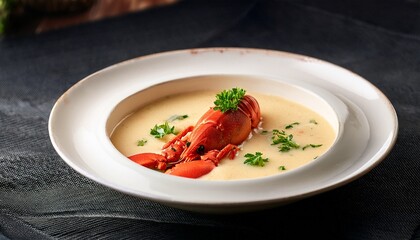 delicious creamy lobster bisque soup garnished with fresh herbs and lobster meat