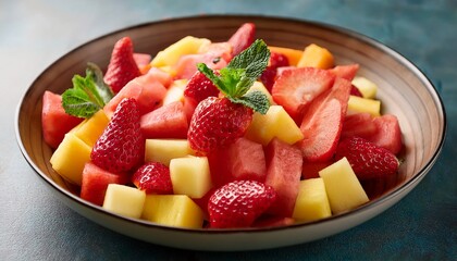vibrant fresh fruit salad mix with strawberries pineapple and watermelon pieces artfully arranged