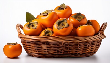 rustic woven basket overflowing with fresh ripe orange persimmons isolated