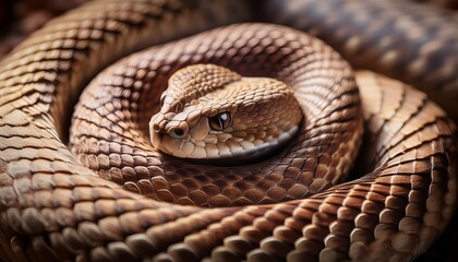 close up reveals intricate details of a coiled rattlesnake focusing on its head and scales showcasing its eye and sensory pit