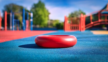 red rubber ring toy sits on a blue and red paved playground surface on a sunny afternoon in an urban park with blurred background