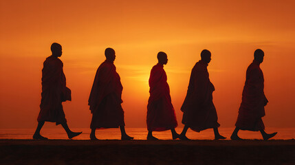 Buddhist monk sunrise silhouette barefoot robe meditation dawn orange sky sea horizon line spiritual serene peaceful calm devotion ritual walk