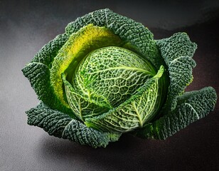 fresh green cabbage textured leaves of savoy cabbage healthy vegetable on dark surface