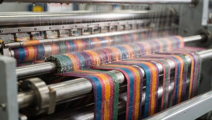 Medium shot of automated paddye machine applying vibrant colors on narrow woven tapes in a continuous production line highlighting precision and uniform fabric treatment.