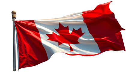The Canadian flag waves gently on a flagpole against a black background on transparent background