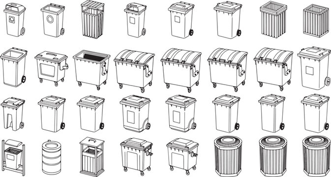 An array of waste containers, showcasing various sizes, shapes, and designs, highlighting a comprehensive collection of receptacles.