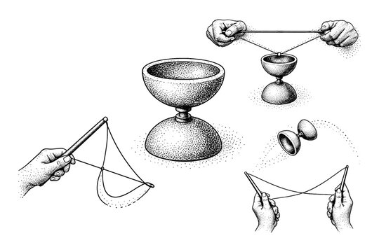 Vintage dot-style diabolo juggling scene with hand illustrations