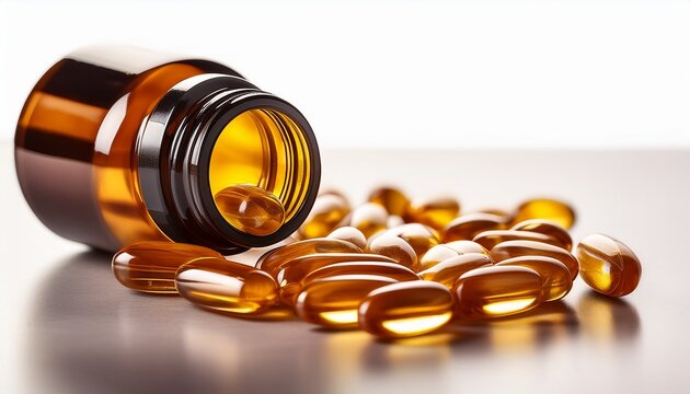 amber bottle spilling gel capsules for health and wellness - Powered by Adobe