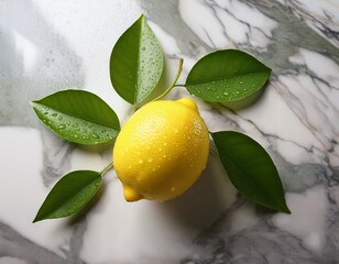 fresh lemon with green leaves on marble highlighted by natural light and water droplets for a crisp aesthetic