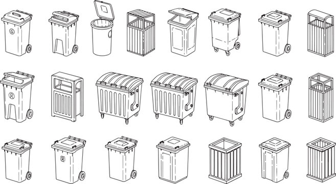 A comprehensive illustration collection of diverse waste bins, showcasing different shapes, sizes, and designs for effective waste management and environmental responsibility.