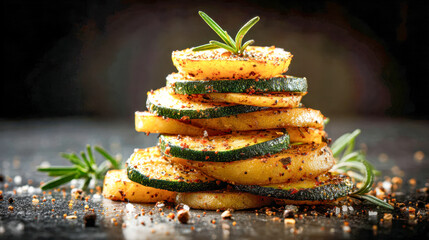 A stack of seasoned grilled zucchini and potato slices garnished with fresh rosemary on a dark rustic surface with scattered coarse salt and peppercorns around
