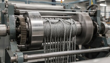 Medium shot of strand twisting machinery operating at low speed highlighting slow spindle rotation and precise rope strand formation with visible mechanical details.