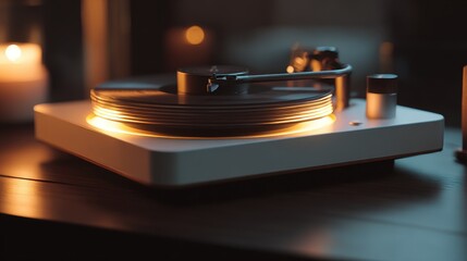 Obraz premium modern turntable, sleek design, high-fidelity audio equipment, warm ambient lighting 