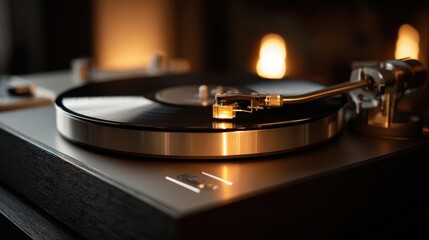 modern turntable, sleek design, high-fidelity audio equipment, warm ambient lighting
