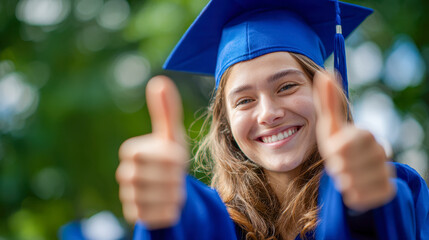 Cheerful young graduate woman in blue cap and gown giving double thumbs up celebrating academic achievement with bright green outdoor background