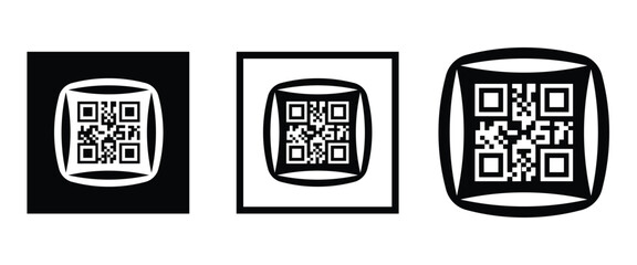 Three bold black square frames, each containing a classic black and white QR code pattern. Clean, minimalist vector design arranged horizontally on transparent background. Ideal for tech branding.