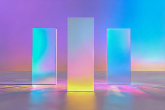 Three vertical translucent blocks with vibrant gradient lighting creating colorful reflections on a smooth surface in a futuristic abstract setting