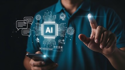 Artificial intelligence ai chip circuit board hologram interface glowing with digital data streams and chat bubbles interacting