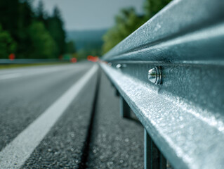Shiny metal guardrail bolts fastened tightly along a road with a smooth asphalt surface and blurred trees in the distance on a clear day