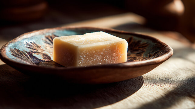 A clean and professional visual presentation gourmet cheese & fruit platter with quince-scented soap - serving gruy&egrave;re, romano, various processed cheeses, and quince cheese.