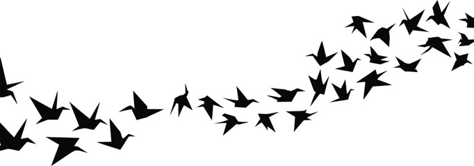 Obraz premium Large flock of black birds flying in formation on white background
