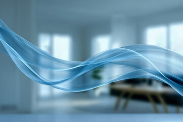 Smooth flowing blue wave design overlaying a blurred modern office interior with large windows creating a calm and dynamic digital abstract background