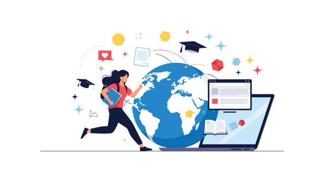 Enthusiastic student runs toward a global education future represented by a large earth globe and digital learning tools.