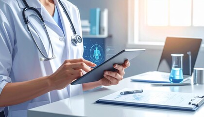 Doctor using digital tablet with futuristic holographic interface of human body for medical diagnosis in high tech laboratory