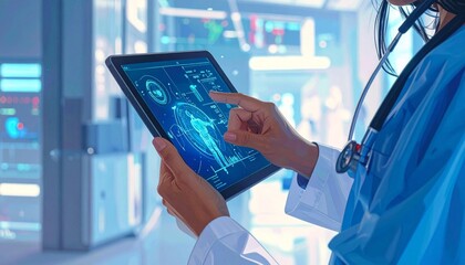 Doctor Using Futuristic Digital Tablet with Human Body Medical Interface in Advanced High Tech Laboratory