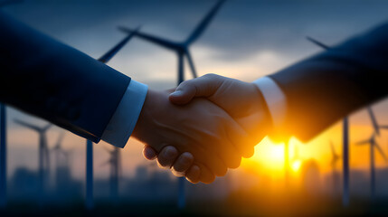 Business handshake renewable energy wind farm partnership investment sustainability clean power sunset agreement success with optimism and trust