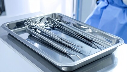 Sterile Surgical Instruments on Stainless Steel Tray in Medical Clinic Operating Room