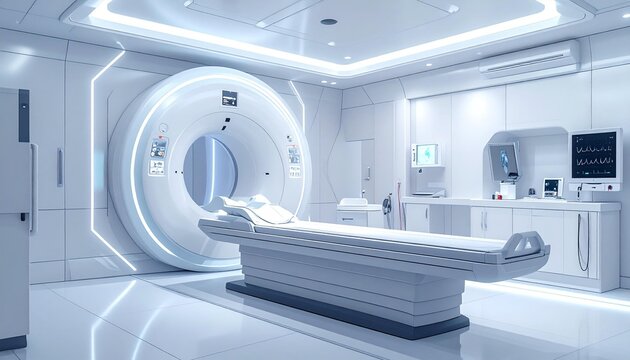Futuristic MRI Scanner in Modern High-Tech Medical Diagnostic Room with Advanced Healthcare Technology
