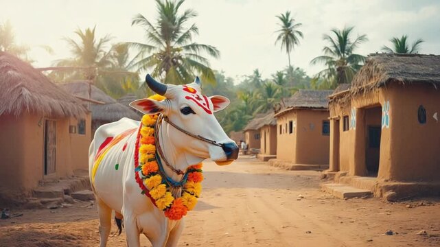 Sacred white cow.  Indian Cow in traditional marigold garland and flower crown for Makar Sankranti holiday.