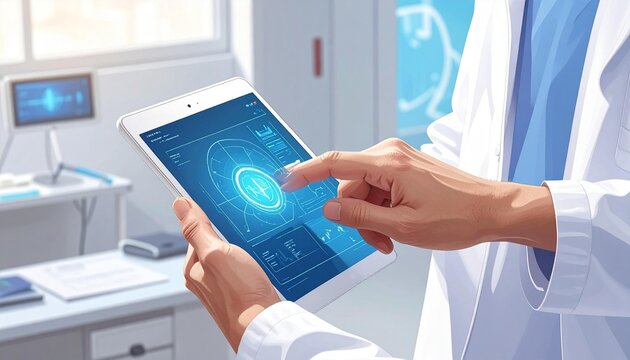 Doctor using digital tablet with futuristic medical data interface in a modern laboratory clinic - Powered by Adobe