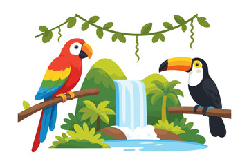 Obraz premium Exotic birds and jungle waterfall scene with colorful parrot and toucan