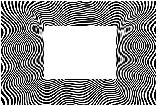 A bold optical illusion with flowing black and white waves encircling a pale beige center card. The dynamic pattern creates movement and focus