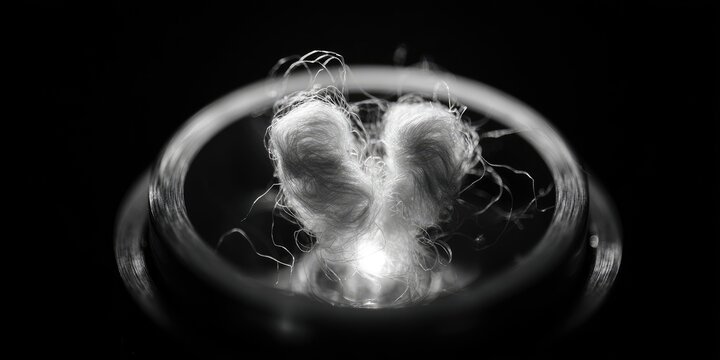 Close-up black and white image of fibrous material glowing inside a ring