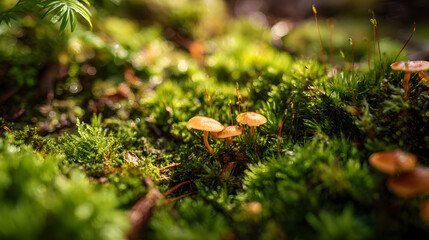 Macro mushroom forest moss tiny insect woodland floor dew drops soft bokeh morning light green carpet nature macro wild fungi