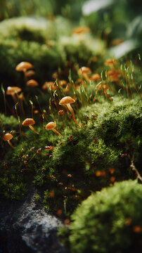Tiny mushroom moss forest floor macro dew green bokeh nature fungus spore woodland soft light detail serene texture. Tiny mushroom and moss forest