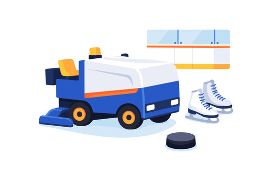 Modern ice rink equipment with zamboni and ice skates in flat design