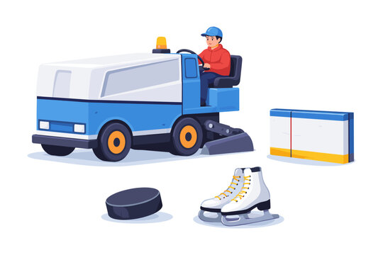 Ice rink maintenance scene with zamboni driver and skating gear