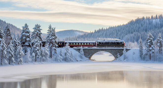 train on the bridge in winter
