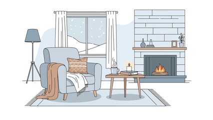 Naklejka premium Cozy Living Room Scene With Fireplace And Snow Outside Window Illustration Warm Interior Ambiance Domestic Comfort Relaxation