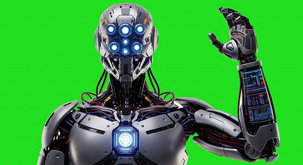 Futuristic robot standing against a vibrant green background with glowing blue circuits
