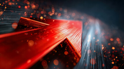 Futuristic glowing red arrow symbol with dynamic light streaks and bokeh effects emphasizing progress and forward movement in a high-tech environment
